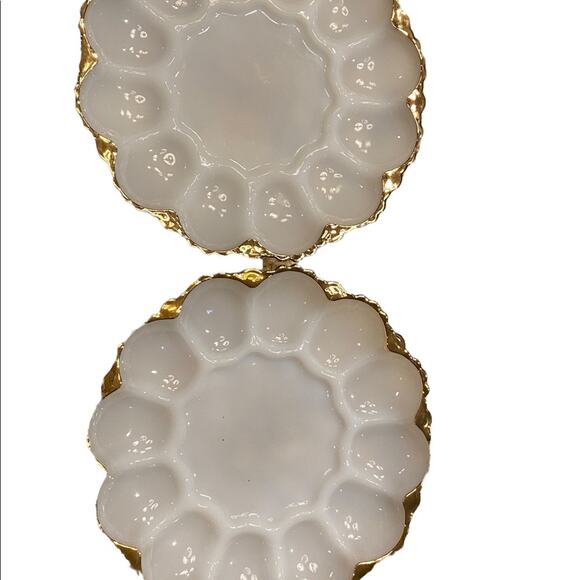 Vintage Anchor Hocking Milk Glass Deviled Egg Dish with Gold Edges -Set of 2 - Picture 5 of 5